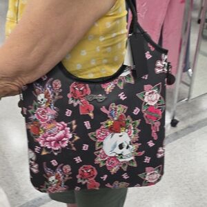 Ed Hardy Black Shoulder Bag with Pink & Red Floral Skull Print